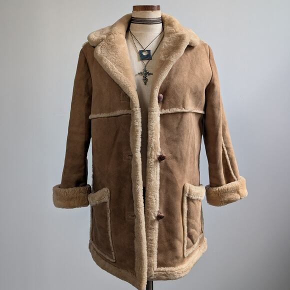 Vintage Jackets & Blazers - Vintage Brown Suede Shearling Coat Fur Coat Wool Minimalist Winter Jacket Medium